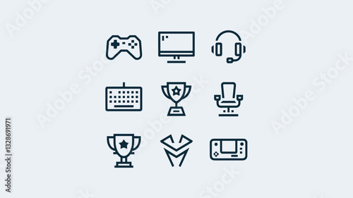 Vector Icon Set for Gaming, Trophies, Headsets, and Consoles - Perfect for Esports Creations and Game Development Projects