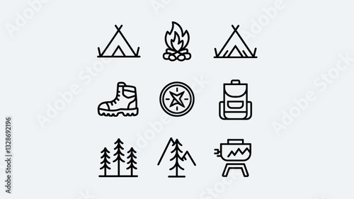Camping Vector Icon Set for Outdoor Adventure, Hiking, Nature Exploration, and Backpacking Graphics – Perfect for Blogs and Travel Guides
