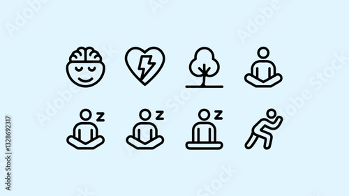 Vector Icon Set for Mental Health, Wellbeing, Meditation, Fitness, and Relaxation: Mindfulness, Exercise, and Self-Care Symbols for Designers