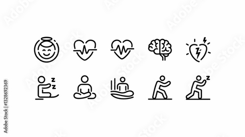 Vector Icon Set for Wellness, Health, and Mindfulness - Fitness Symbols, Meditation Icons, Heartbeat Graphics, Sleep & Stress Relief Designs