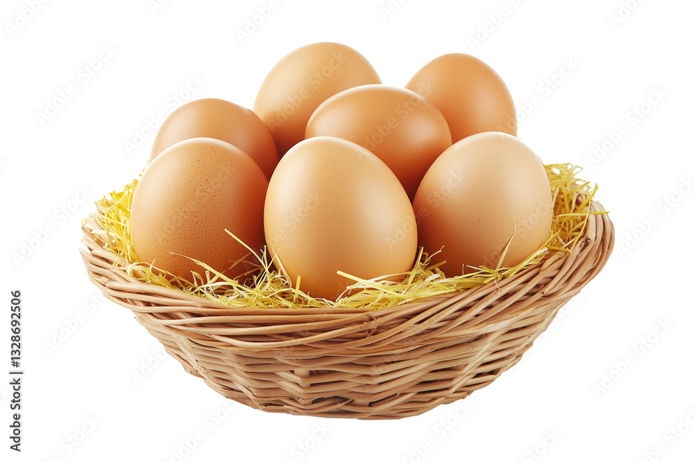 Wicker basket filled with fresh brown eggs resting on straw, isolated on white transparent background. Wicker basket filled with fresh brown eggs resting on straw, isolated on white transparent background.