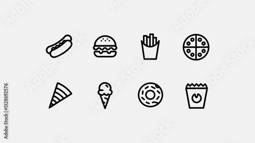 Food and Drink Vector Icon Set for Fast Food, Snacks, and Desserts | Pizza, Burgers, Ice Cream, Fries, Hot Dogs | Perfect for Menu Design and Food Apps
