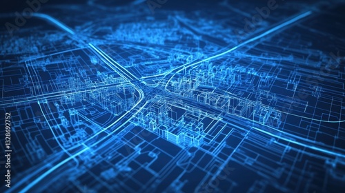 A conceptual city blueprint with interconnected urban planning elements, roads, and infrastructure designs