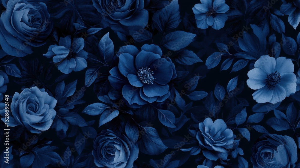Dark Blue Floral Pattern with Roses and Leaves on Black Background Dark Blue Floral Pattern with Roses and Leaves on Black Background