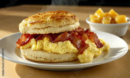 A delicious breakfast sandwich featuring fluffy scrambled eggs, crispy bacon, and a biscuit served with fruit