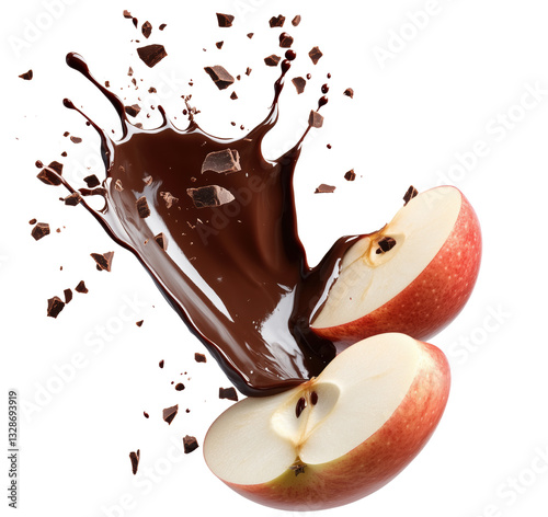 Sliced apples with rich melted chocolate splash, creating delightful scene. vibrant colors and textures evoke sense of indulgence and freshness. Isolated On Transparent Background