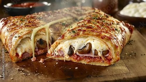 Delicious stuffed calzone filled with cheese, ham, and mushrooms, served on a wooden board