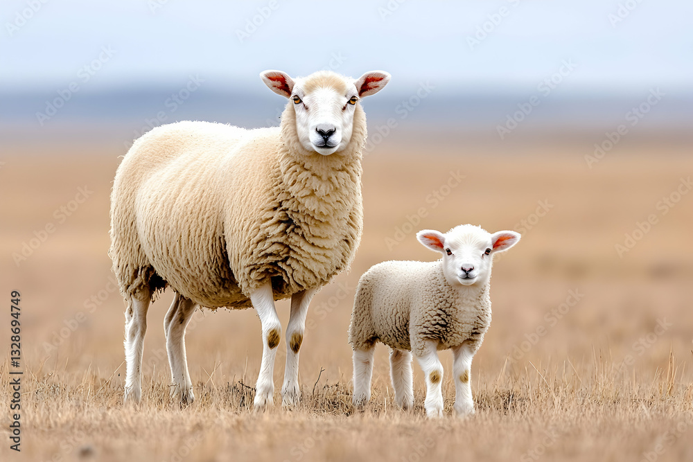Adult ewe and lamb standing in a field Adult ewe and lamb standing in a field