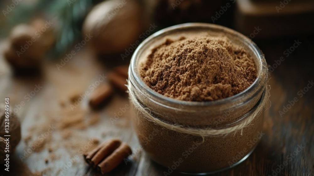 A glass jar contains a quantity of ground cinnamon spice A glass jar contains a quantity of ground cinnamon spice