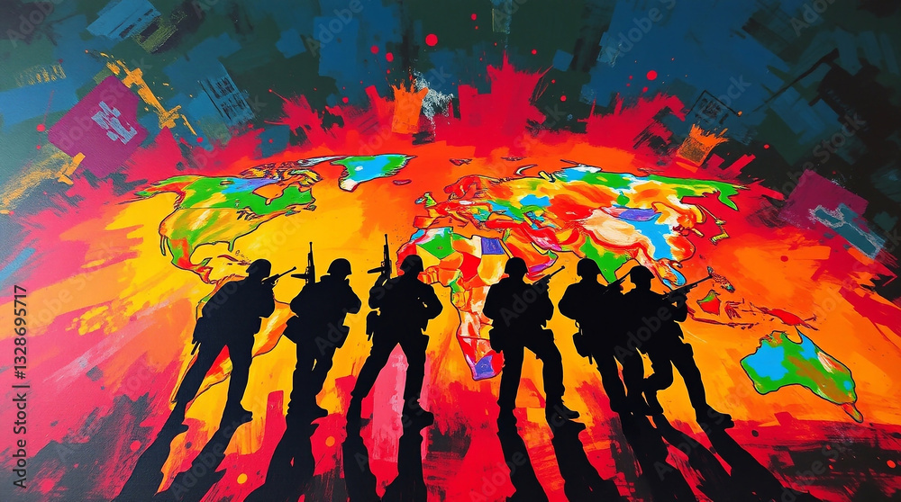 A bold acrylic painting from a low angle, depicting silhouetted soldiers on a vibrant, colorful world map, symbolizing global military presence. A bold acrylic painting from a low angle, depicting silhouetted soldiers on a vibrant, colorful world map, symbolizing global military presence.