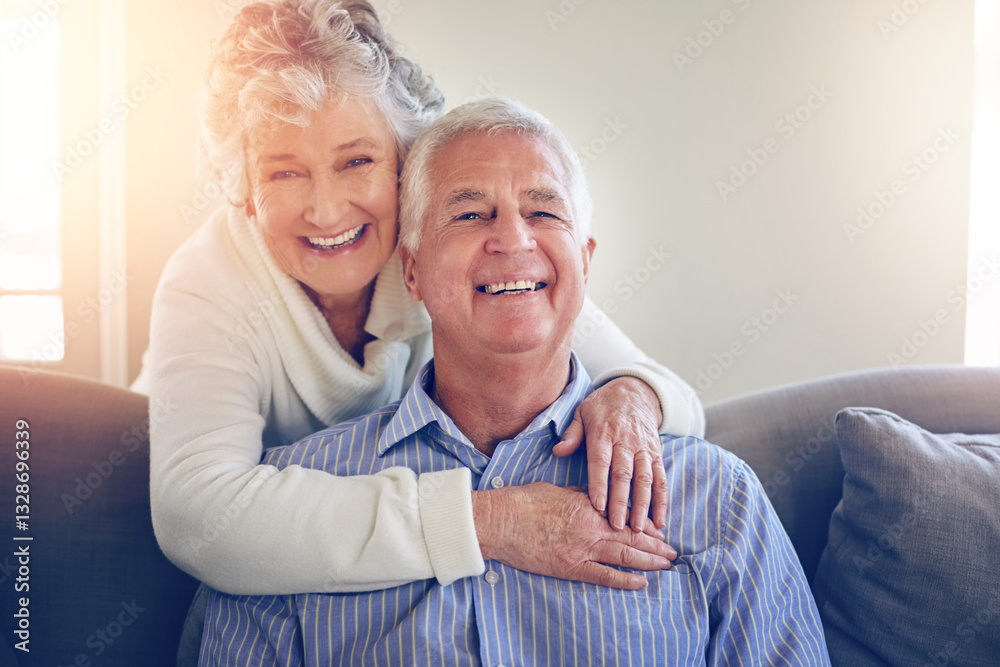Happy couple, portrait and senior with hug on sofa for love, retirement together or bonding at home. Elderly, man or woman with smile or embrace in joy for relationship, support or affection at house Happy couple, portrait and senior with hug on sofa for love, retirement together or bonding at home. Elderly, man or woman with smile or embrace in joy for relationship, support or affection at house