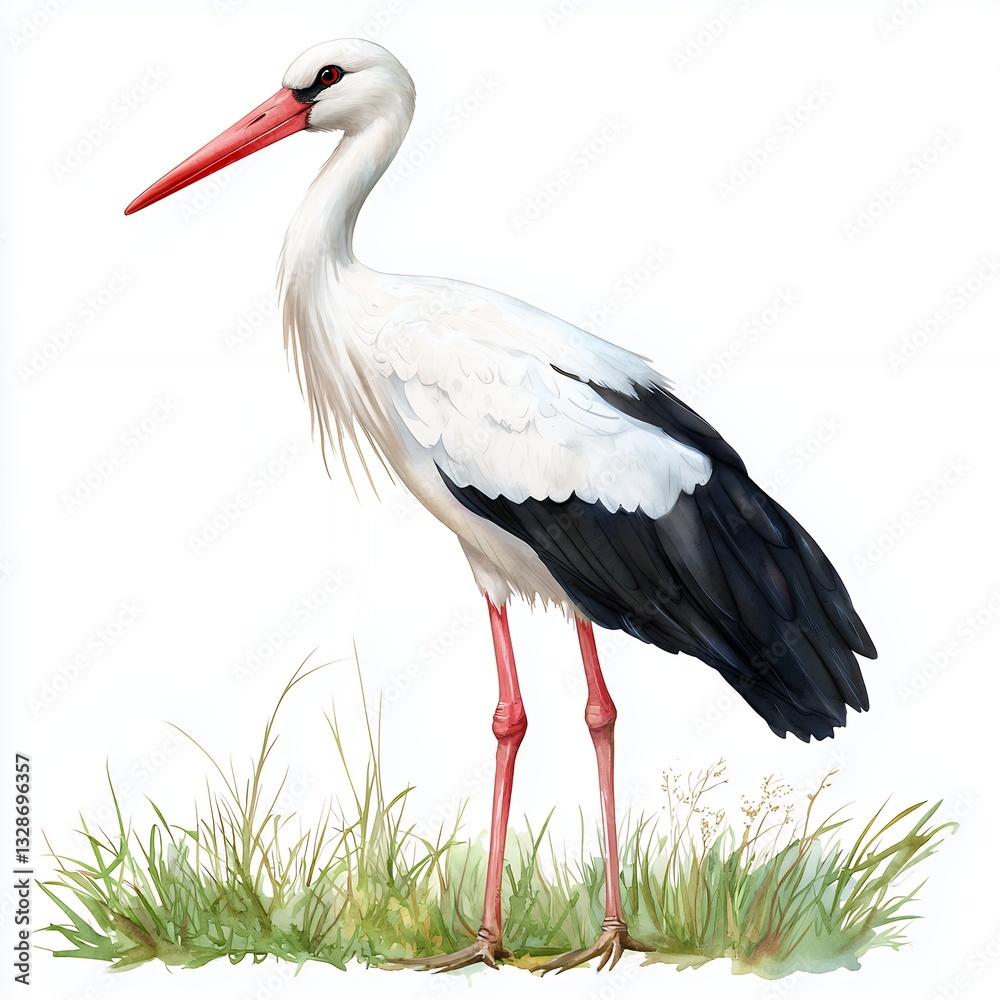 Fototapeta premium White Stork in Green Grass Detailed Illustration