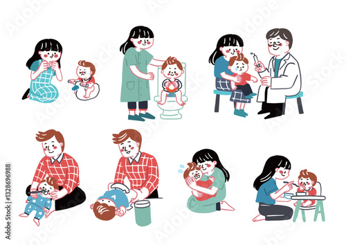 子育てを頑張る若い夫婦のイラストセット