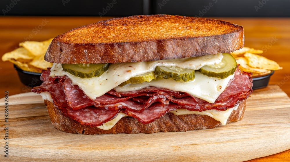 Close up of a toasted sandwich with pastrami, melted cheese, and pickles on a wooden board, accompanied by a small bowl of potato chips. Close up of a toasted sandwich with pastrami, melted cheese, and pickles on a wooden board, accompanied by a small bowl of potato chips.