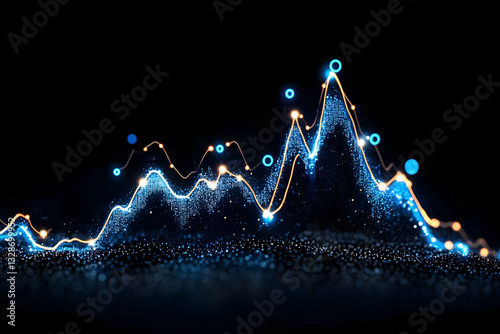 Glowing data visualization graph with peaks and valleys, rendered in blue and gold hues against a dark background
