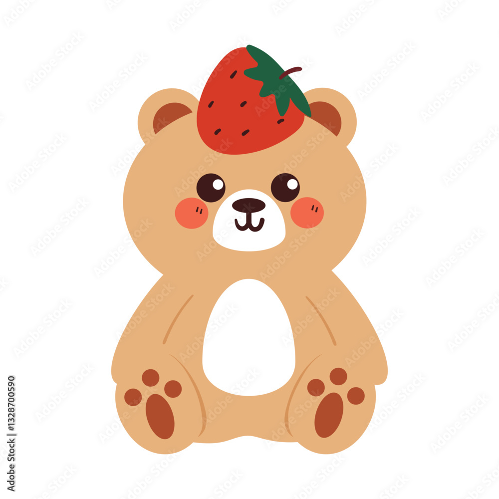 Fototapeta premium cute hand drawing cartoon bear sitting with strawberry on its head. cute bear drawing for animal sticker, icon