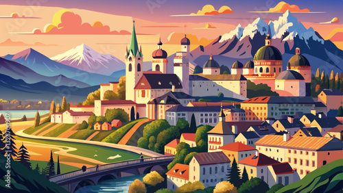 Panoramic summer cityscape of Salzburg, Old City, birthplace of famed composer Mozart. Great sunset in Eastern Alps, Austria, Europe. Adorable evening