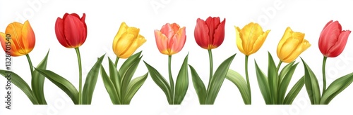 Vibrant watercolor painting of eight tulips in red, orange, and yellow, arranged in a horizontal row against a white background. The tulips have green stems and leaves.