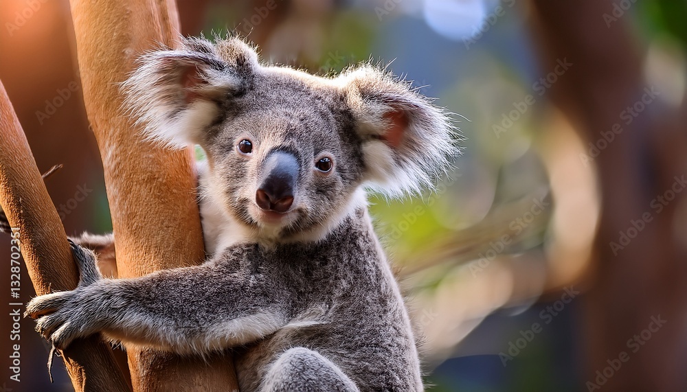 Obraz premium A baby koala with messy fur clings to a tree branch, gazing curiously into the distance. Adorable and slightly clumsy, it captures the charm of Australian wildlife and nature.