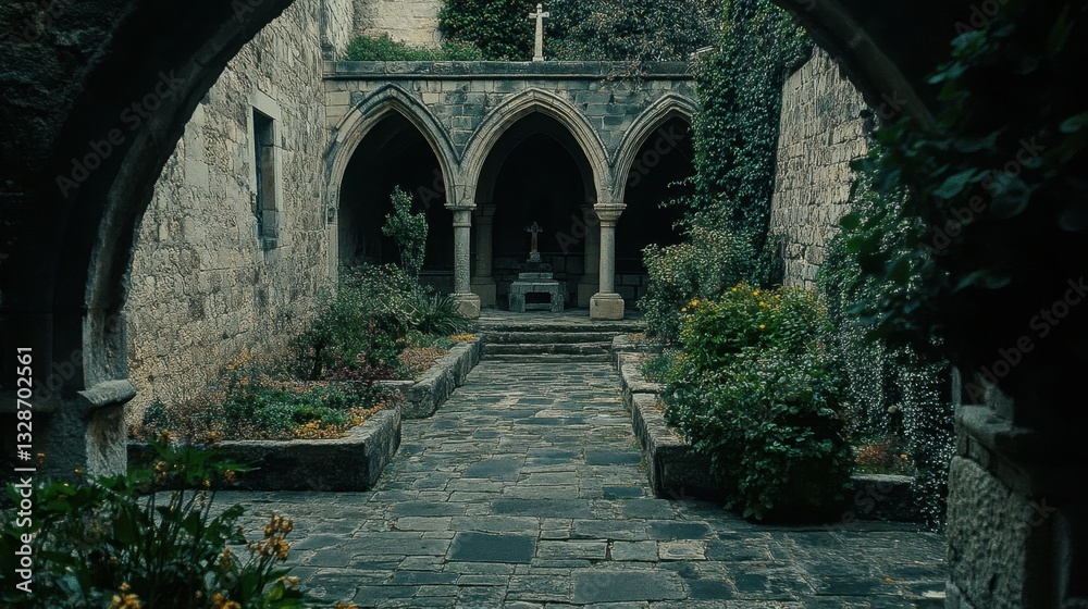 Fototapeta premium A medieval cloister garden surrounded by gothic arches and intricate stone pathways