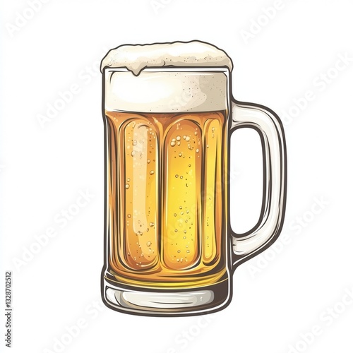 Close-up Beer Mug Illustration Refreshing Lager with Froth, Brewery, Alcoholic Drink, Beverage, Celebration.