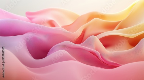 Close-up Abstract Flowing Fabric in Gradient Pink & Yellow. Elegant, soft textile waves. Beauty, fashion, background.