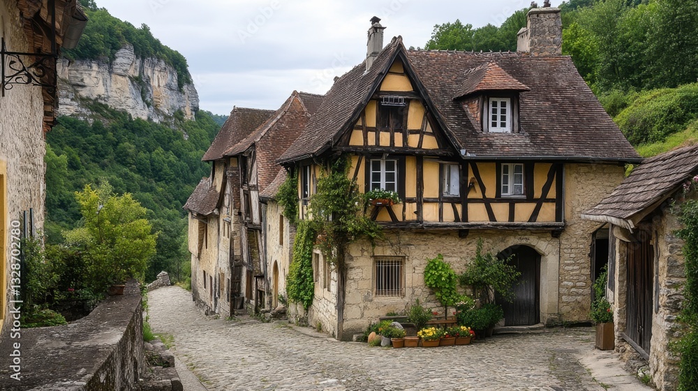 A medieval village nestled in the mountains, with timber houses and winding stone streets A medieval village nestled in the mountains, with timber houses and winding stone streets