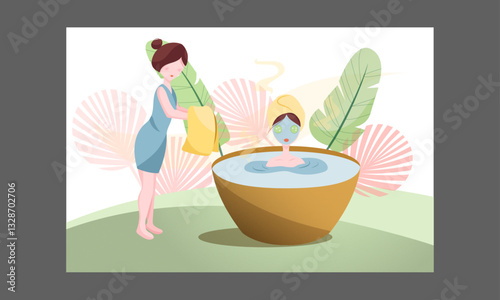 Large spa, beauty and wellness showing assorted treatments for relaxation, body care and skincare, therapies and accessories, colored vector illustration
