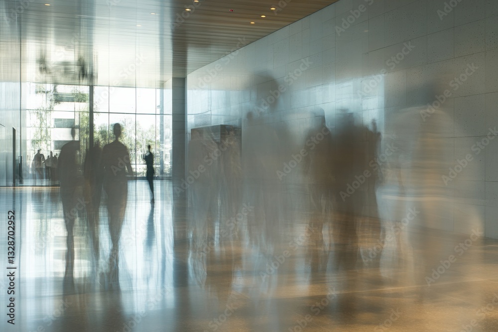 Crowds of people moving through a modern indoor space with reflective surfaces and natural light in the afternoon Crowds of people moving through a modern indoor space with reflective surfaces and natural light in the afternoon