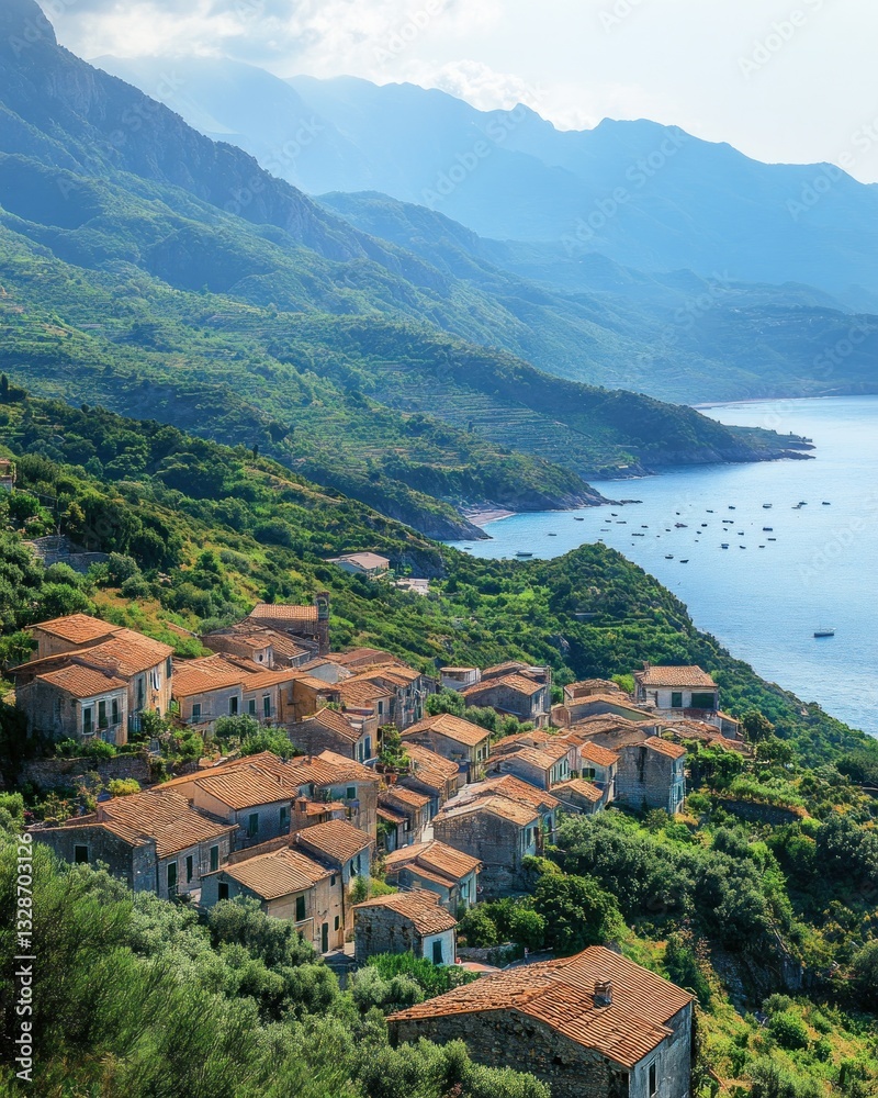 Panoramic view of a charming coastal village nestled on a hillside overlooking the serene sea and majestic mountains. Panoramic view of a charming coastal village nestled on a hillside overlooking the serene sea and majestic mountains.