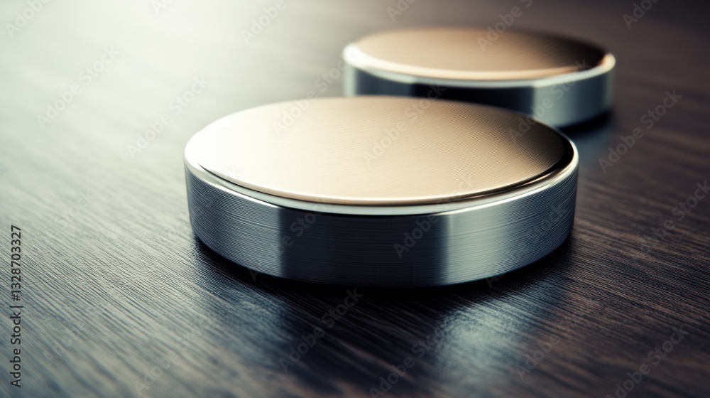Two metallic circular objects placed on a wooden surface