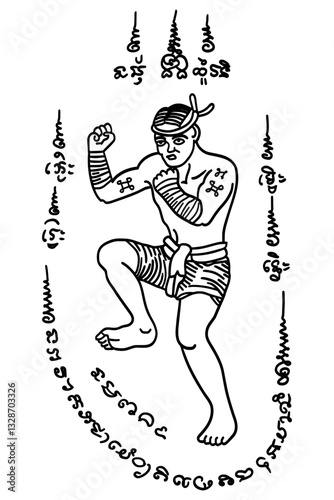 line art illustration of a Muay Thai fighter in a dynamic fighting stance. Thai text translation: Protection, Luck and Fortune, Strength and Power