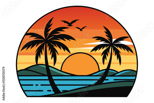 Sunset on the ocean with the shadow of coconut trees premium twilight vector