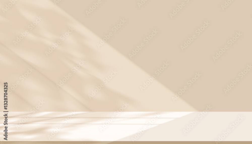 Shadow leave, light on brown studio background wall room and cream podium stage for product,Autumn beige  backdrop banner with sunlight on floor texture,Interior Kitchen with blur gradient,Fall season