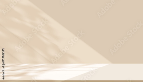 Shadow leave, light on brown studio background wall room and cream podium stage for product,Autumn beige  backdrop banner with sunlight on floor texture,Interior Kitchen with blur gradient,Fall season