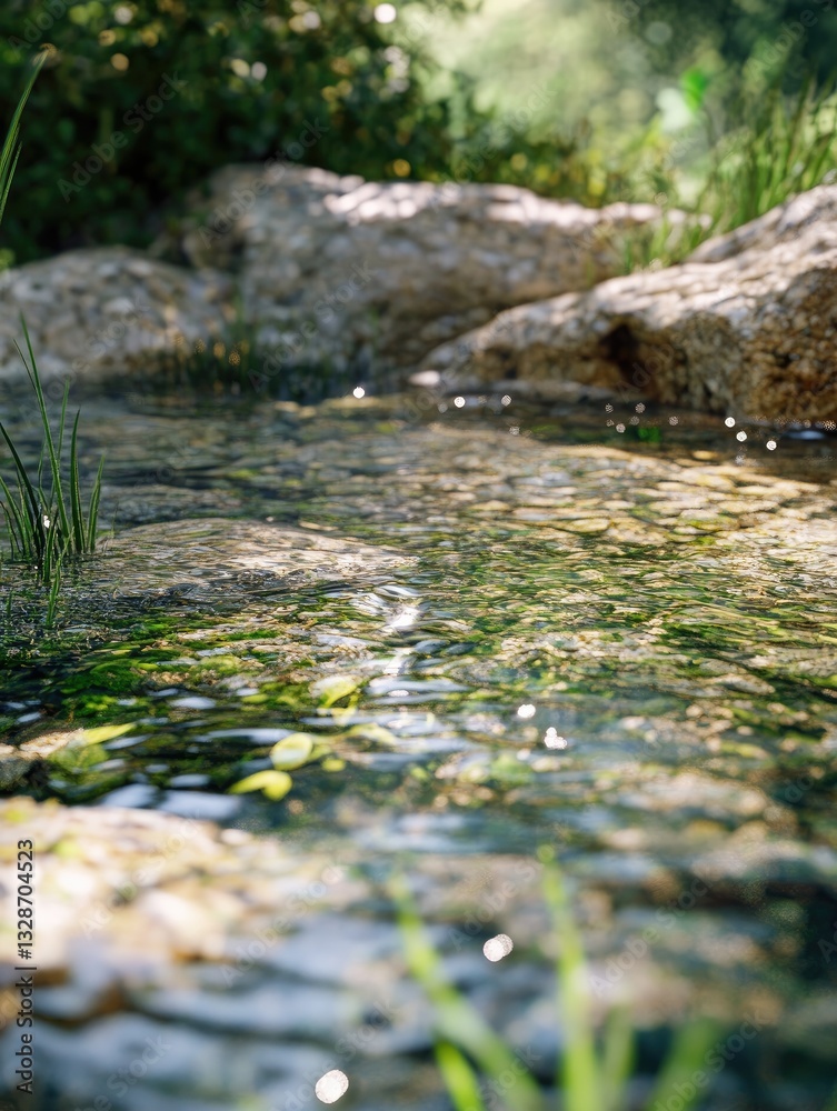 Fototapeta premium Crystal Clear Stream for Sunlight, Rocks, Nature.