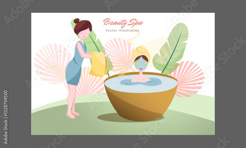 Skin care concept. Woman do cosmetic spa procedures for face. Morning routine. Bath time. Eye patches and cream. Organic products. Vector illustration in flat cartoon style.
