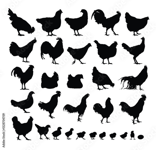 Big set silhouettes of chickens and roosters.