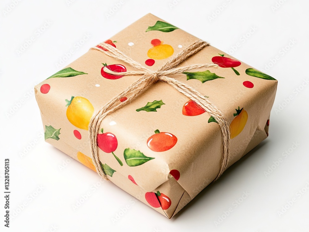 Rustic Gift for Fruit Pattern, Tied Twine, White Background. Rustic Gift for Fruit Pattern, Tied Twine, White Background.