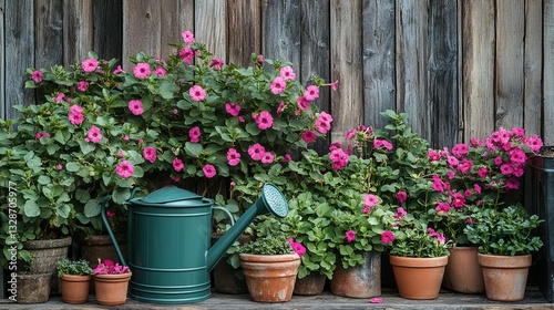 Close-up of Pink Petunias in Clay Pots with Green Watering Can on Rustic Wood Background
