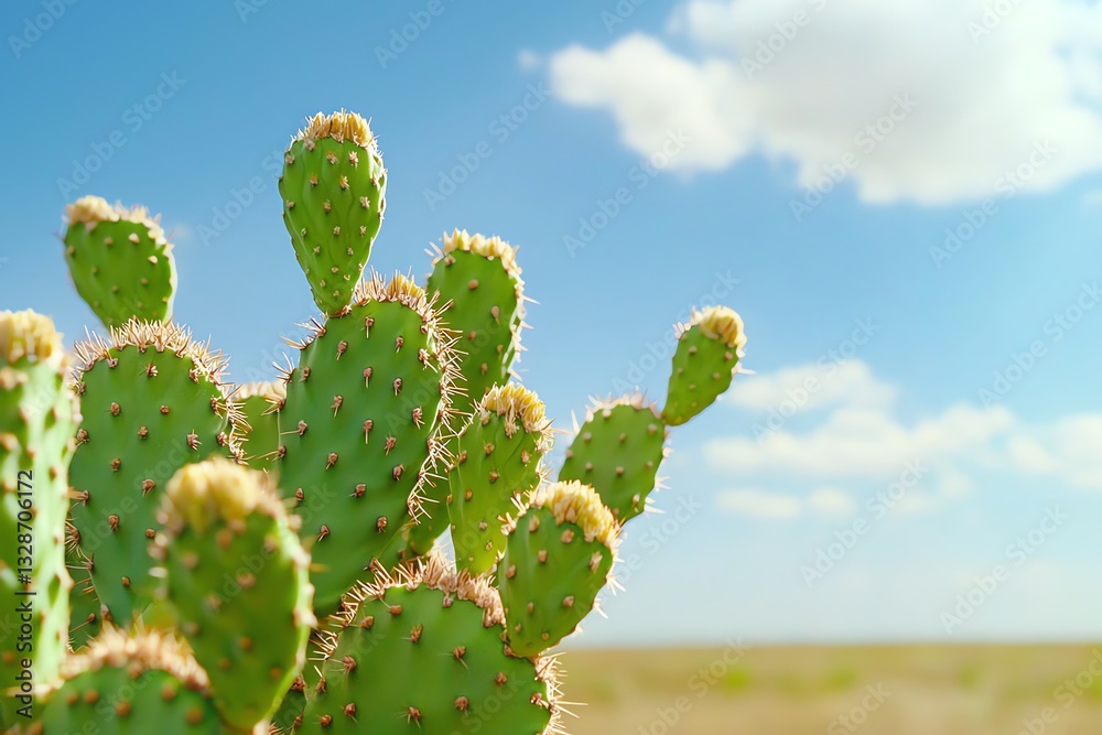 Blooming Cactus Pad Cluster Against a Sunny Blue Sky Landscape Blooming Cactus Pad Cluster Against a Sunny Blue Sky Landscape