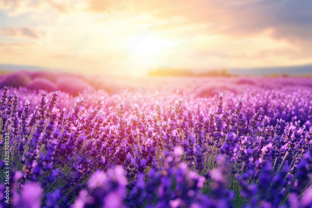 Obraz premium Lavender field in full bloom bathed in golden sunlight, vibrant purple flowers offering a tranquil scene, ideal for wellness, relaxation, and nature-focused projects