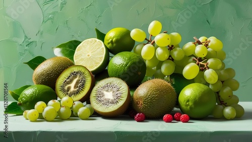 A pile of delicious green fruits - kiwi, lime, grapes