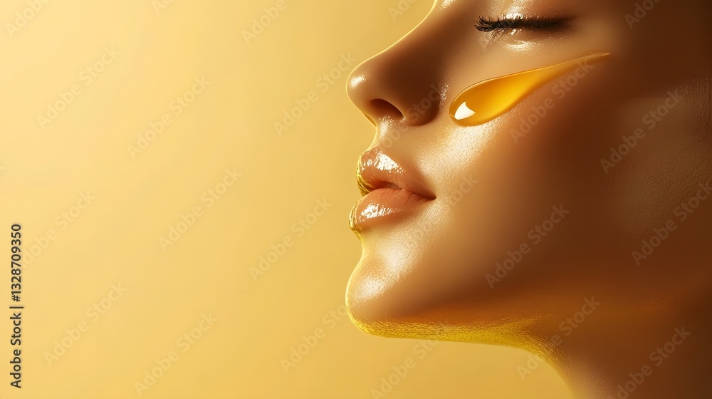 Golden oil drop gently applied to skin, symbolizing luxurious nourishment and Golden oil drop gently applied to skin, symbolizing luxurious nourishment and