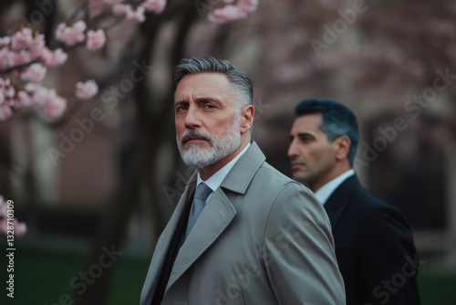 Serious businessman with bodyguard walking in a park near blooming trees