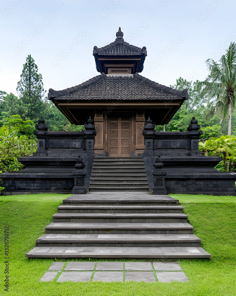 Dark-roofed Asian temple with stone steps & tiered structure Dark-roofed Asian temple with stone steps & tiered structure