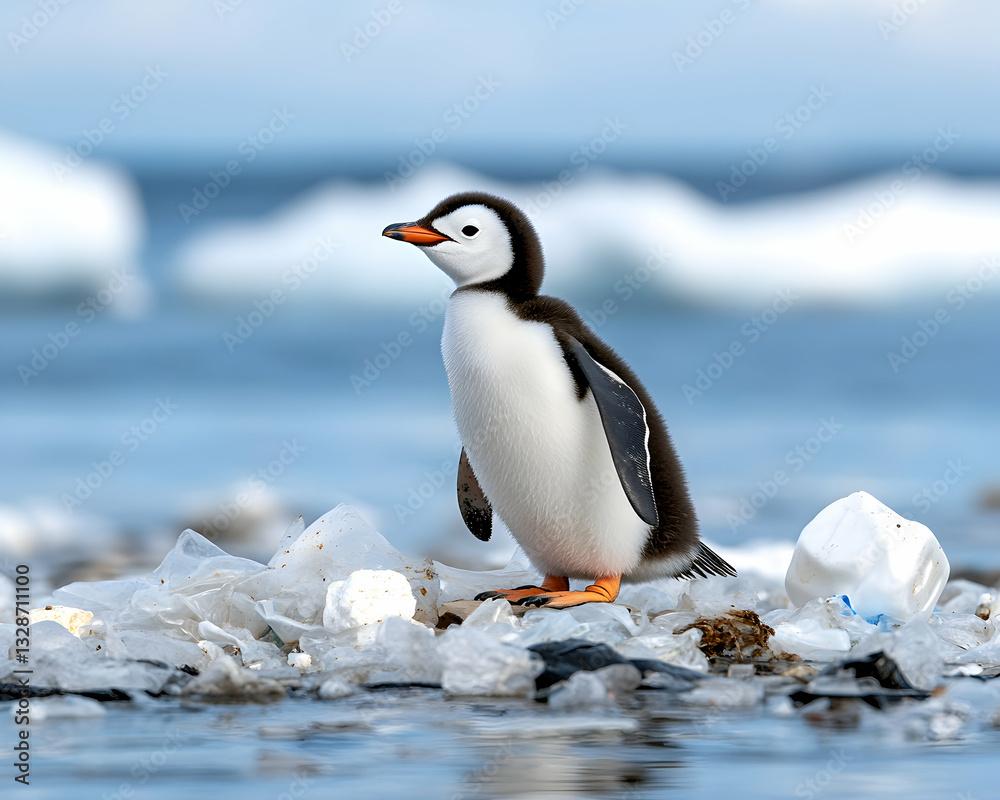 Fototapeta premium A young penguin stands amidst plastic waste near icy water