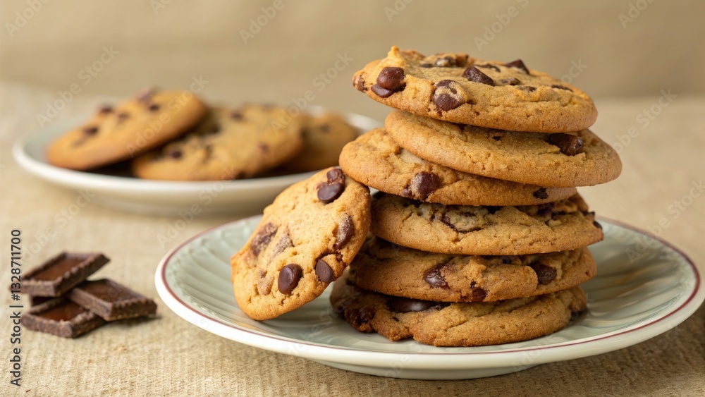 Freshly baked chocolate chip cookies stacked on a plate Freshly baked chocolate chip cookies stacked on a plate