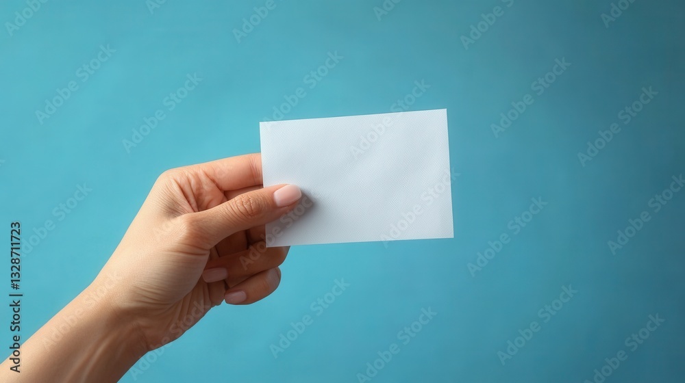 A hand holds a small, textured, off white square of paper against a light blue background. The image is simple and clean. A hand holds a small, textured, off white square of paper against a light blue background. The image is simple and clean.