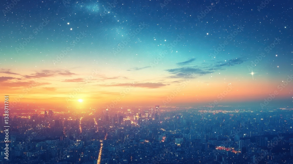 Fototapeta premium A stunning city skyline under a clear starry night, with cosmic elements blending into the atmosphere